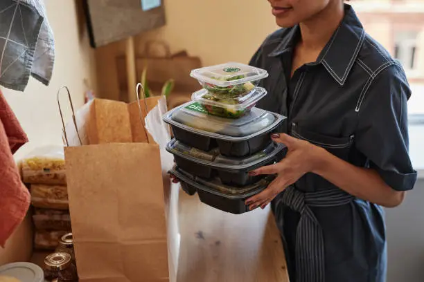 A biodegradable food container made from plant-based materials.