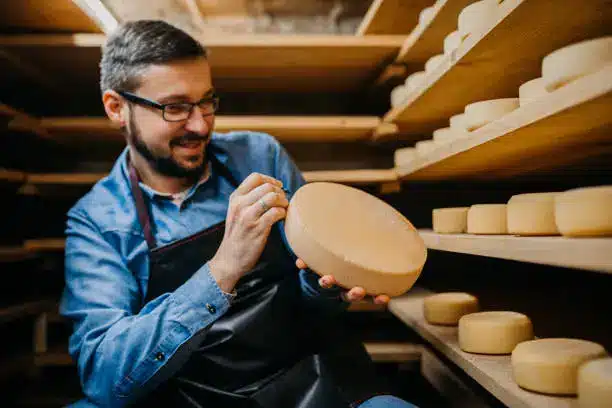 A cheesemaker shaping a wheel of Gouda cheese in a traditional Dutch cheese-making facility.