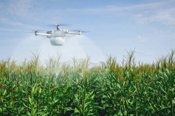 A close-up of a drone with its sensors and cameras highlighted, hovering above a farm - Agristuff