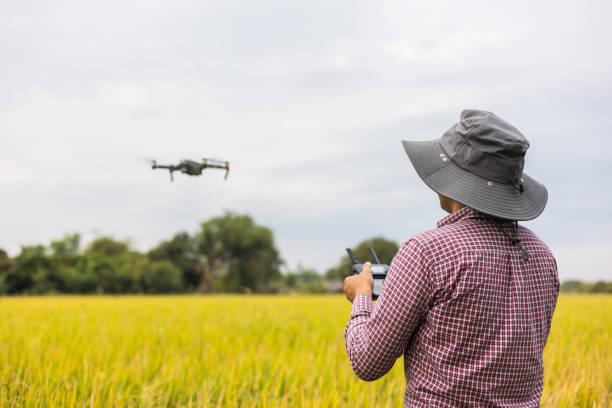 A farmer using a drone to monitor crops, with a field in the background - AgriTech