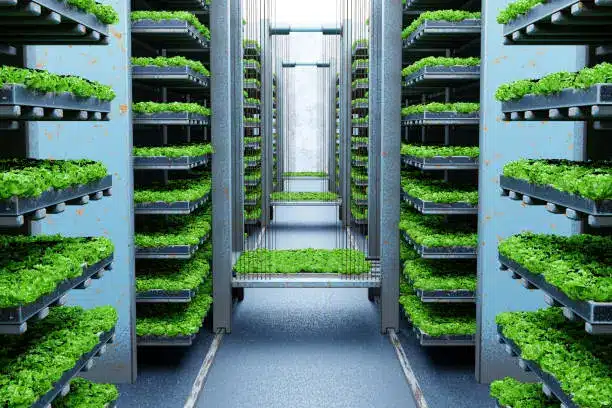 A high-resolution image of a vertical farm with stacked layers of leafy greens under LED lights - Vertical Farming