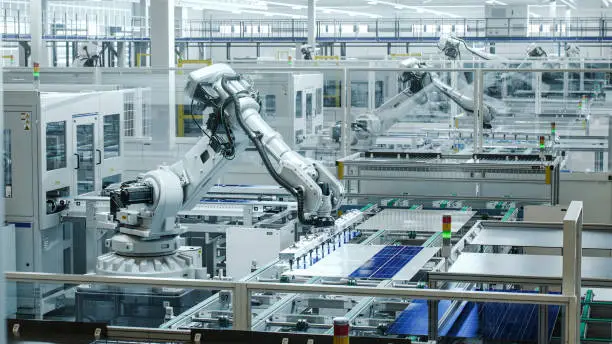 A high-tech food processing facility using AI-driven robotic arms.