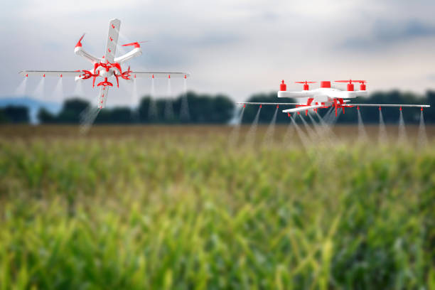 A side-by-side comparison of a fixed-wing drone and a multi-rotor drone in action on a farm.