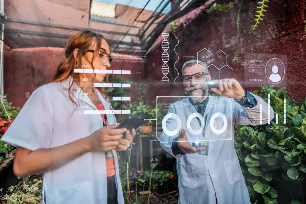 a modern, high-tech greenhouse or vertical farm showcasing advanced farming techniques.