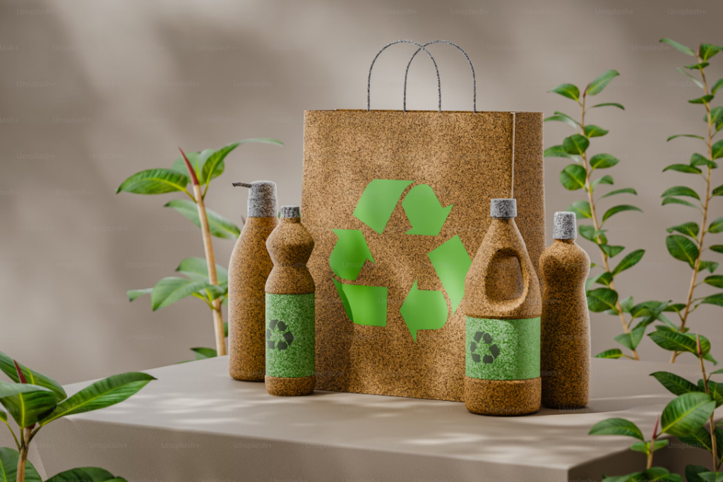 eco-friendly packaged products with clear "recyclable" and "compostable" labels.