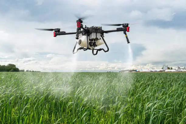 A drone spraying fertilizer on a field, showcasing modern farming technology - Agriculture Fertilizer